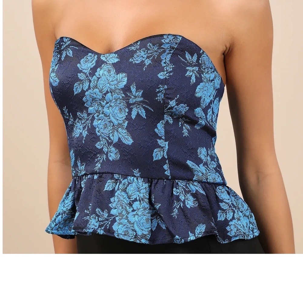 NWT LulusNavy Blue Floral Jacquard Strapless Peplum Top Sweetheart Smocked